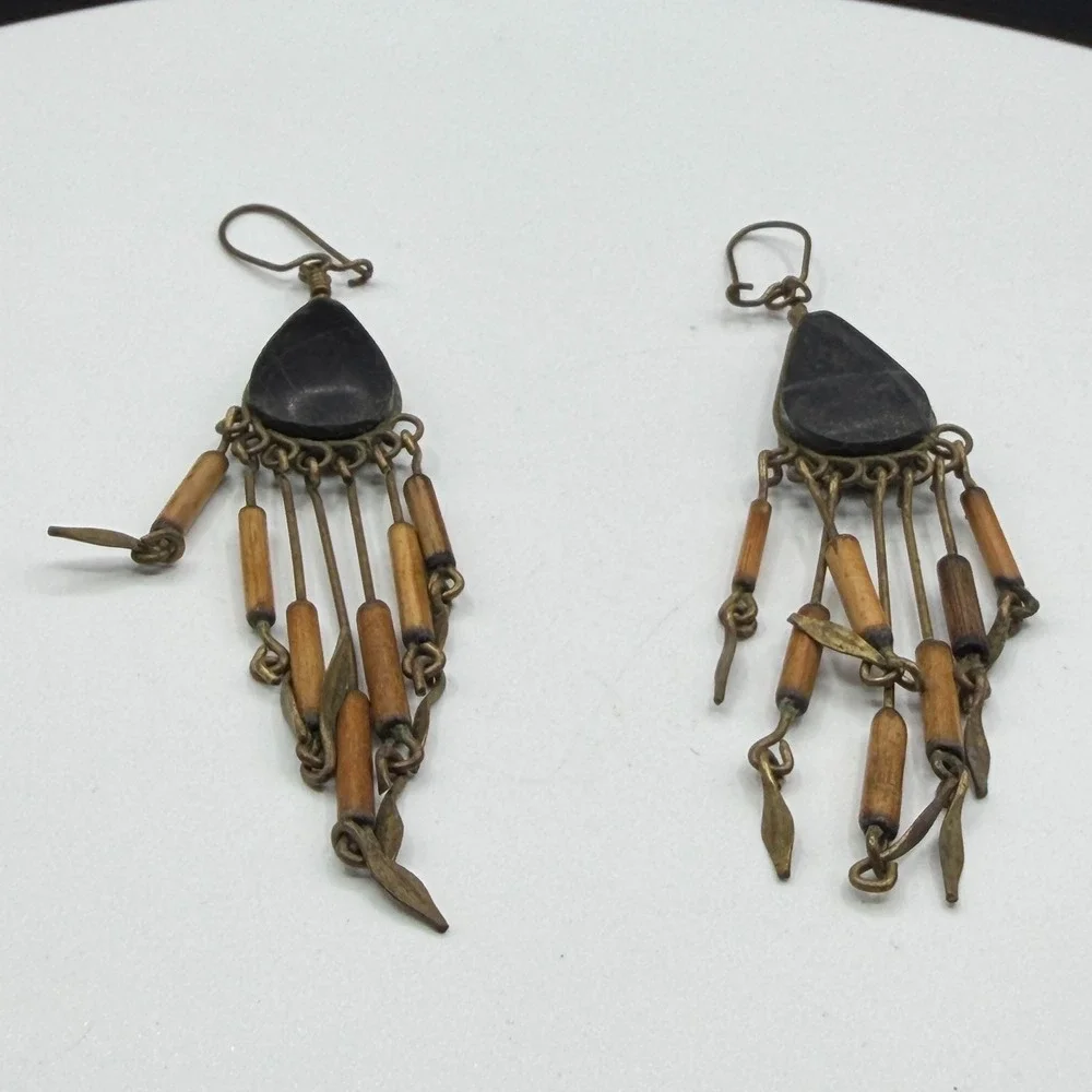 Black Teardrop Wood Bead Brass Tone Chandelier Dangle Boho Earrings Pierced Gift